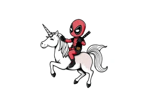 Silly glittery Deadpool riding unicorn  middle finger tattoo idea