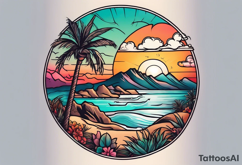 In a circle around the arm, a Gradual transition from Pacific Northwest mountains to Joshua trees to palm trees to a Hawaii beach tattoo idea