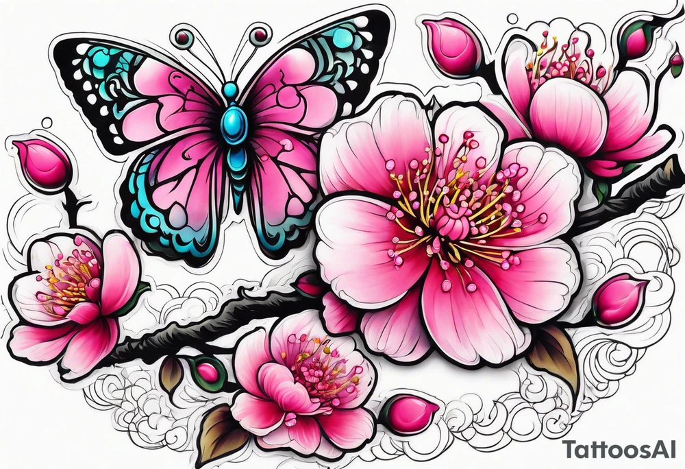 Vibrant, pink plum blossom flowers with butterflies tattoo idea