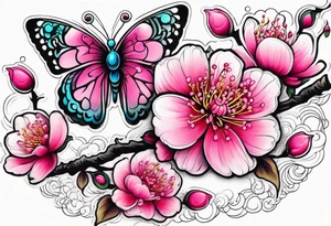 Vibrant, pink plum blossom flowers with butterflies tattoo idea