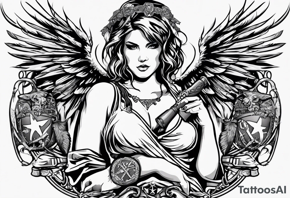 My tattoo idea is a female well endowed angle holding two items in her hand which is a glock in the right an a joint she smoking in the left behind her is gremlins with blades an sickles surrounding her an under all of that the word salvation is earned with blooding dripping from the words tattoo idea