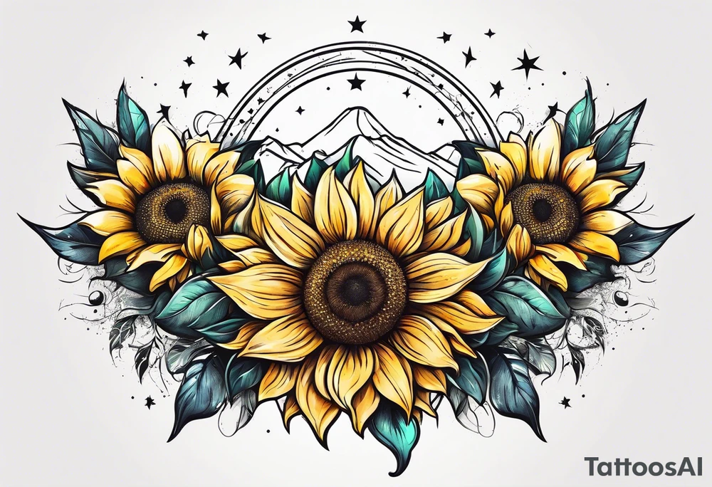 elegant tattoo design with sunflower surrounded by circle of little stars and arrow tattoo idea