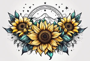 elegant tattoo design with sunflower surrounded by circle of little stars and arrow tattoo idea