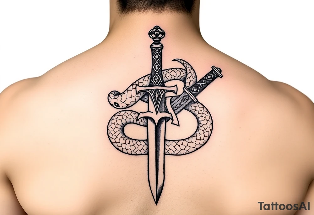 mystical snake coiled around an ancient dagger with jeweled hilt tattoo idea