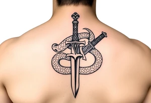 mystical snake coiled around an ancient dagger with jeweled hilt tattoo idea