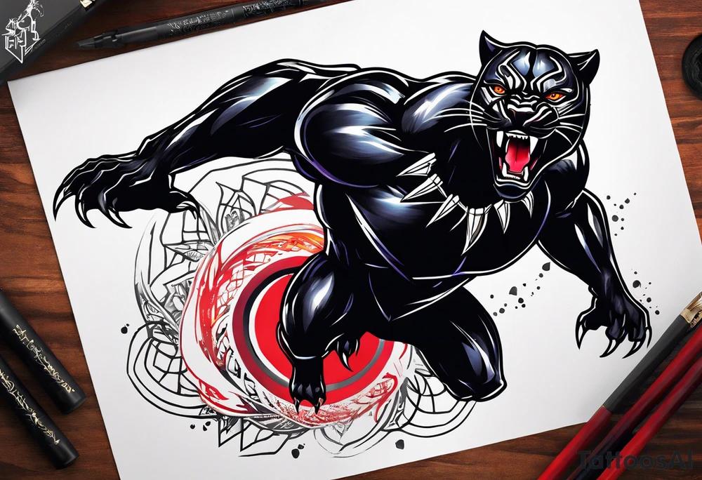 unique black panther tattoo, portrayed in a dynamic pose, showcasing its strength and grace, striking red eyes, intense and captivating elements, artistic flair, blending realism with abstract elements tattoo idea