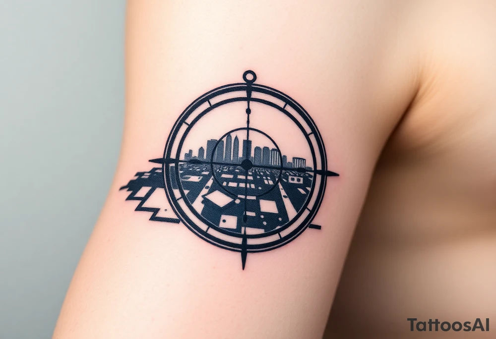 scope crosshairs with eerie Los Angeles city horizon in background tattoo idea