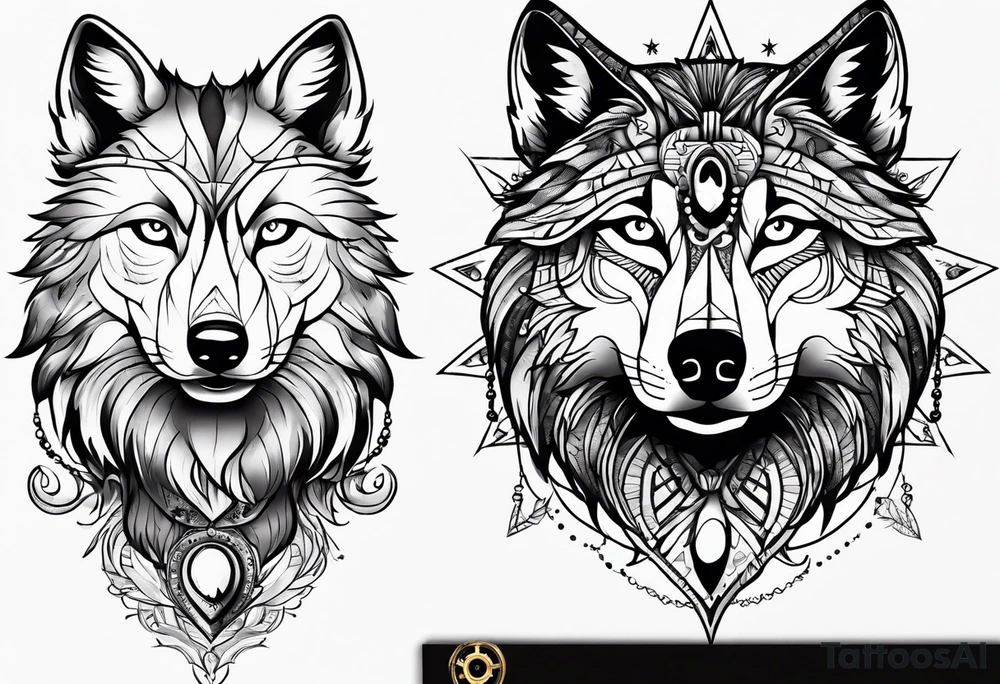 Wolf face over toddle face with compass tattoo idea