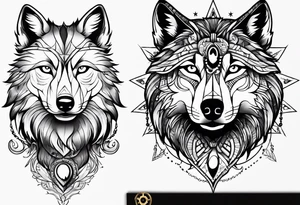 Wolf face over toddle face with compass tattoo idea