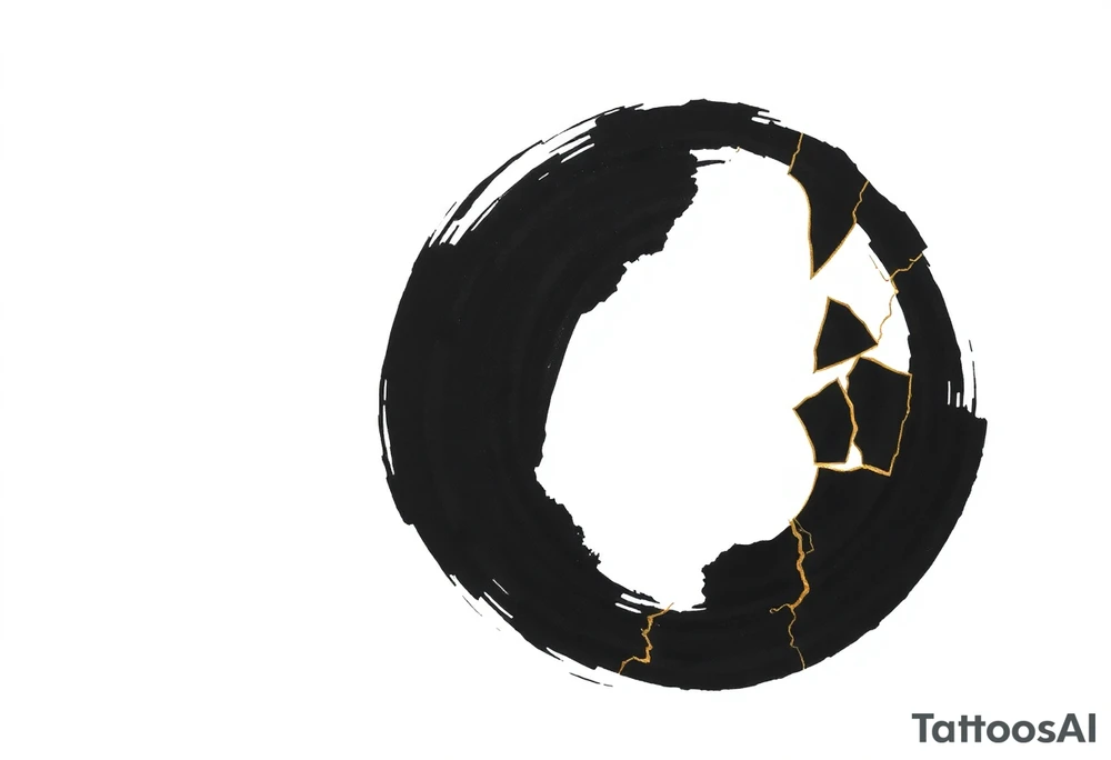 A Japanese‑inspired tattoo of a thick Zen ensō circle, drawn with a bold, hand‑painted black ink brushstroke. The circle is imperfect and organic, with visible texture and subtle variation in line thickness. About the last quarter of the circle, near the top‑right, transforms into a cracked ceramic segment that has been repaired using kintsugi: visible broken pieces outlined and joined by thin, flowing gold lines. There should be a couple big pieces rather than lots of small ones. The gold seams follow the natural fractures of the ceramic section, creating several branching cracks rather than a single line, clearly distinguishing this repaired portion from the rest of the smooth ink circle. The transition from ink to ceramic should feel natural, as if the painted circle solidifies into a fragile object that has been lovingly mended. Keep the interior of the circle empty, with a clean white background and no extra symbols or text. Design it as a black and gray tattoo with a subtle metallic gold effect on the kintsugi seams, suitable for a medium‑sized placement on the back of the bicep. tattoo idea