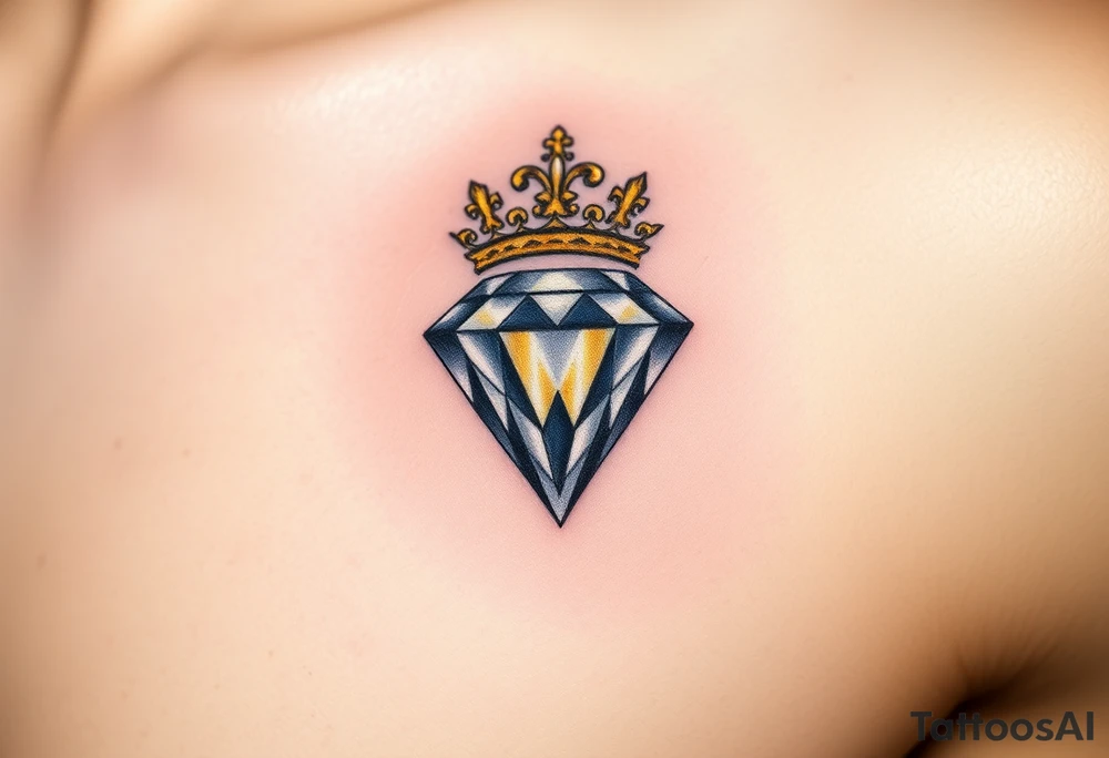 A shimmering diamond encased in a royal crown, adorned with gold and silver accents, radiating light with soft white and yellow highlights to emphasize the diamond's sparkle tattoo idea