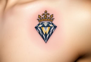 A shimmering diamond encased in a royal crown, adorned with gold and silver accents, radiating light with soft white and yellow highlights to emphasize the diamond's sparkle tattoo idea