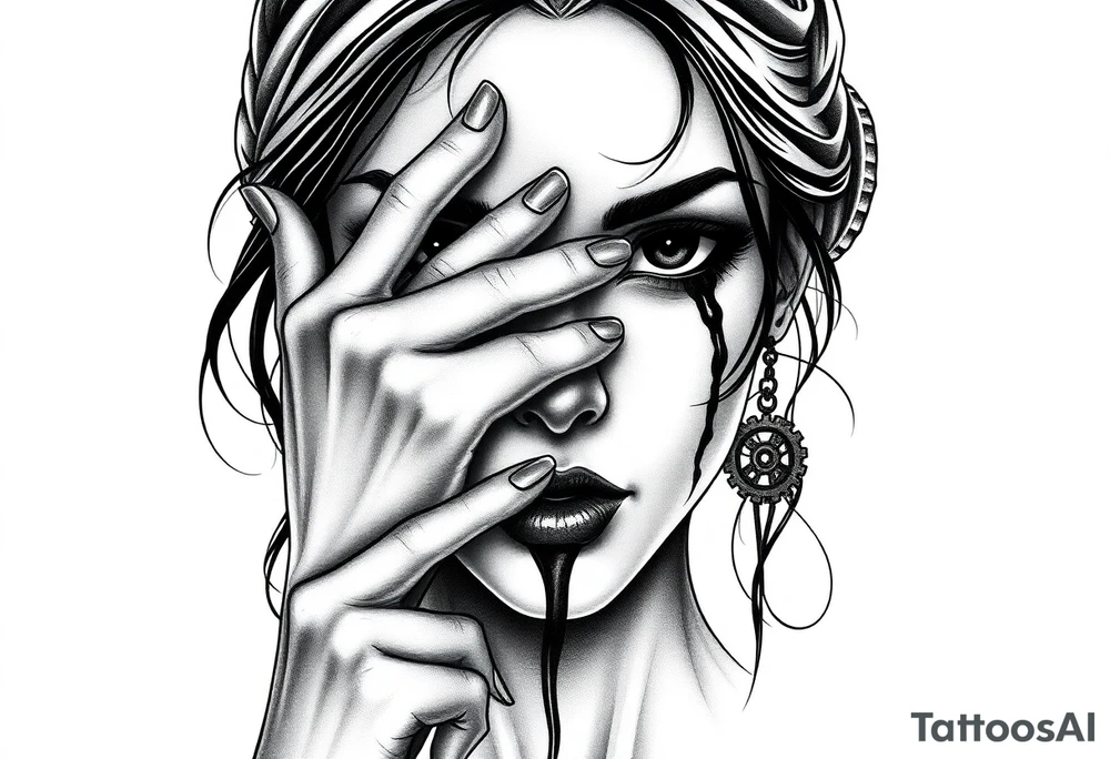 Black and grey realism tattoo design of a beautiful woman's face. Her right hand covers her eyes (see no evil), her left index finger is at her lips (speak no evil). Her ears are dripping blood that is steaming down her neck and cheek. The style is black and grey realism, hyper-realistic, dark, and evil. Incorporate ninja gear elements and mechanical details (gears) subtly into the background or clothing for a gear ninja evil look. Design for a full forearm sleeve placement tattoo idea
