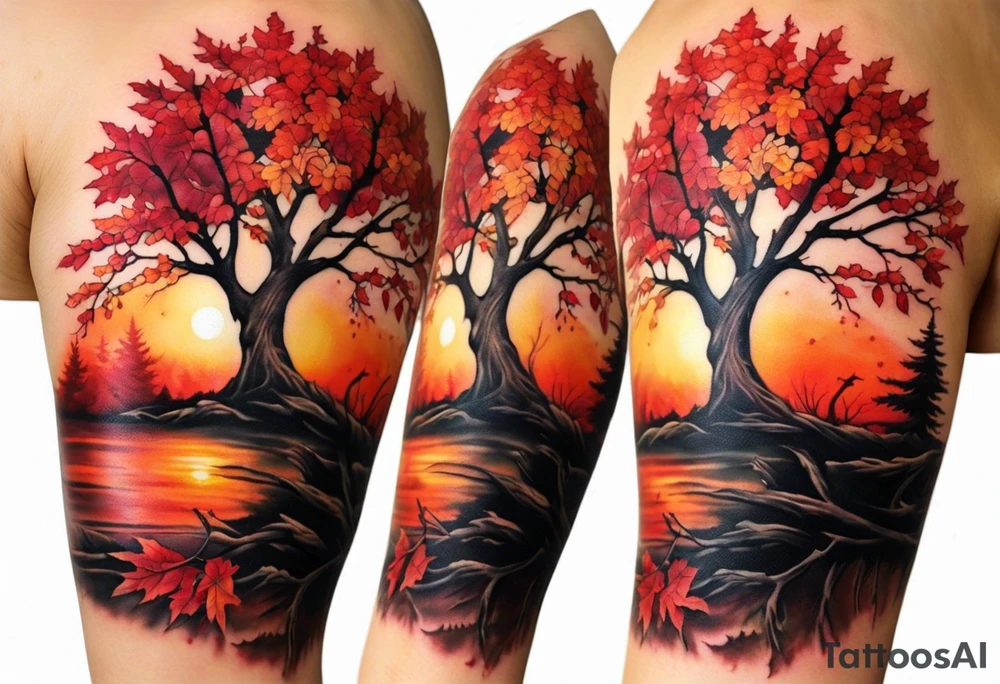 Arm tattoo. Long tattoo. Full sleeve. Shoulder. A single large maple tree with red autumn leaves that branches upwards from wrist to shoulder. White-throated dipper bird on the trees branches. Calluna flowers at the base of the trees stem. Tree stem has dark colors. Red/yellow sunset behind the trees stem. Leaves falling. tattoo idea