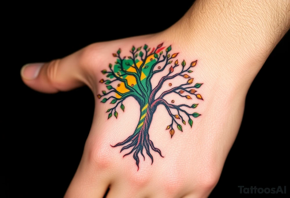Vibrant tree of life Jamaican colours one half and Irish colours one half tattoo idea