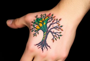 Vibrant tree of life Jamaican colours one half and Irish colours one half tattoo idea