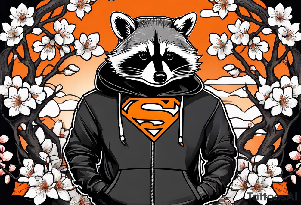 Raccoon wearing a white Superman logo on a black hoodie and orange Japanese cherry blossoms beside tattoo idea