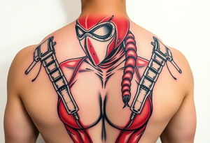 powerful female dominatrix wearing a red latex catsuit and full facemask surrounded by bdsm gear tattoo idea
