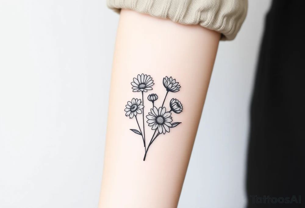 Small flower bouquet 1 daisy, 2 cosmo, 1 poppy, 1 chrysanthemum, tattoo idea