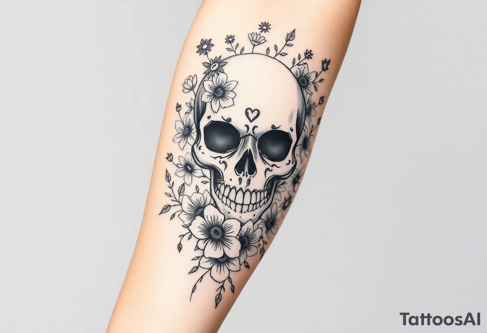 A forearm half sleeve with Gothic skull with heart eyes surrounded by wildflowers tattoo idea