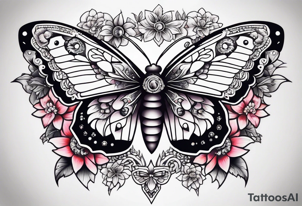 ornaments of flowers and moth with crystals 
chest piece tattoo idea