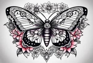 ornaments of flowers and moth with crystals 
chest piece tattoo idea
