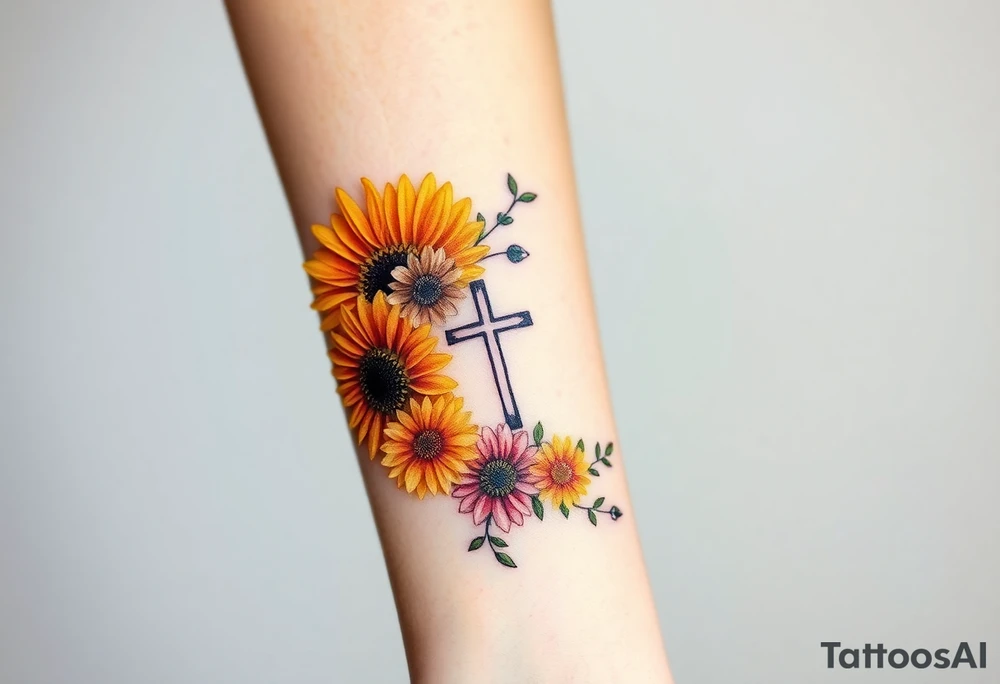 Gerber daisys wrap around wrist to cross on forearm with rich color add cross on forearm more flowers around the wrist and black out cross tattoo idea