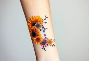 Gerber daisys wrap around wrist to cross on forearm with rich color add cross on forearm more flowers around the wrist and black out cross tattoo idea