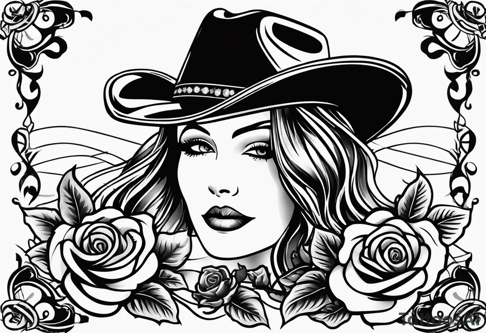Country acoustic guitar with cowboy hat, barbed wire and roses in background, sleeve tattoo tattoo idea