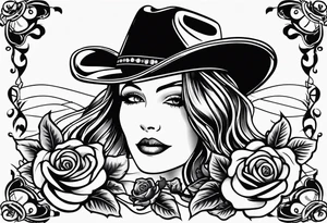Country acoustic guitar with cowboy hat, barbed wire and roses in background, sleeve tattoo tattoo idea