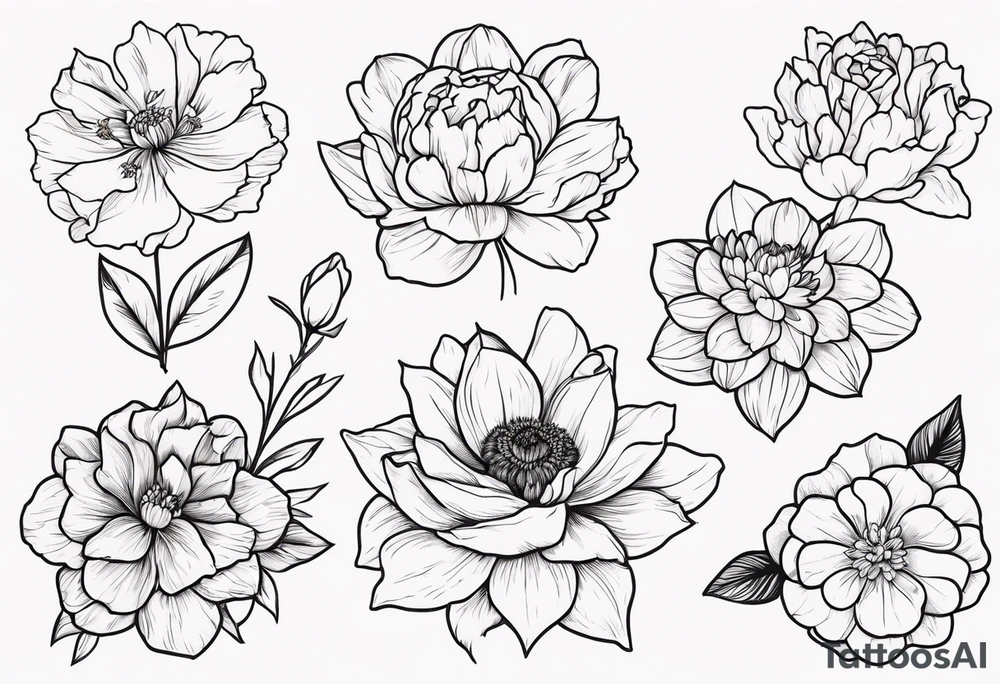 8 flowers bouquet with color:  carnation daffodil rose peony daphnee dahlia desiree daisy tattoo idea