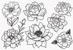 8 flowers bouquet with color:  carnation daffodil rose peony daphnee dahlia desiree daisy tattoo idea