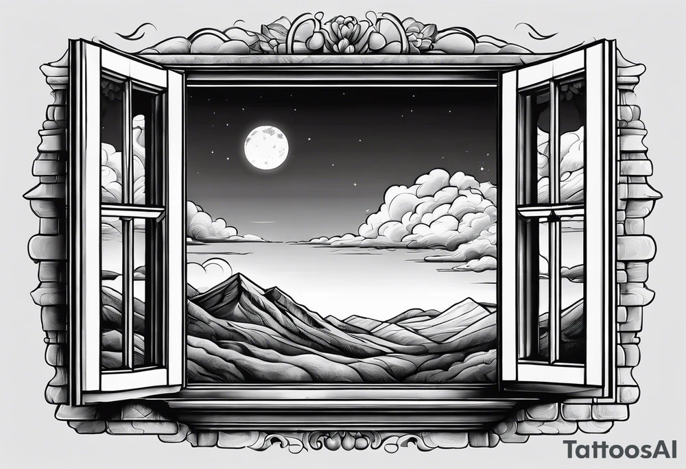 black and white hand drawn drawing showing an open window. In the background of the window there is nothing else, only vastness and clouds. tattoo idea