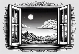 black and white hand drawn drawing showing an open window. In the background of the window there is nothing else, only vastness and clouds. tattoo idea