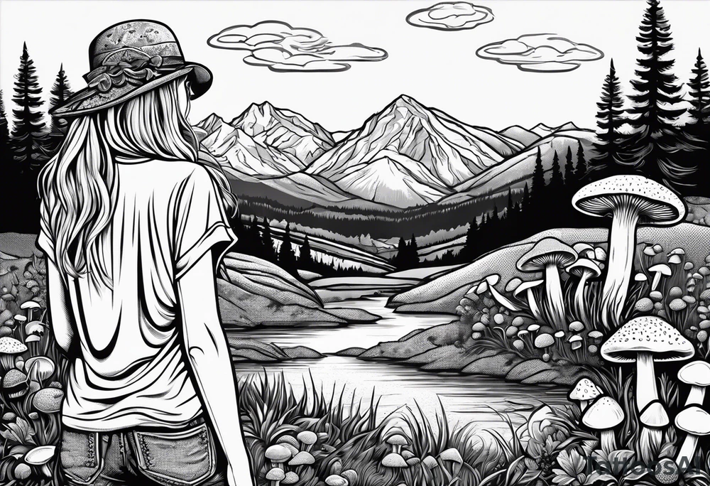 Straight long blonde hair hippie girl in distance holding mushrooms in hand facing away toward mountains and creek surrounded by mushrooms tee shirt hiking pants

Circular picture tattoo idea