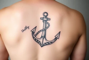 weathered anchor wrapped in nautical rope with sea waves tattoo idea