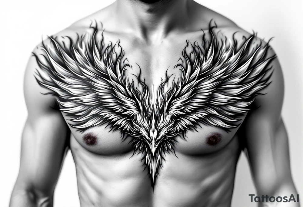 Realistic and symmetrical flaming Phoenix rebirth with spread low wings surrounded by fire mapped onto chest only
Phoenix head must be in the middle of the chest, straight and symmetrical 
Fire should be surrounding spread wings
Wings should be spread down only on pectoralis major muscle towards nipples tattoo idea