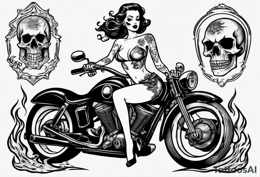 pinup doll riding a motorcycle through flames and skeletons tattoo idea pinup doll riding a motorcycle through flames and skeletons tattoo idea
