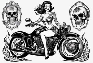 pinup doll riding a motorcycle  through flames and skeletons tattoo idea