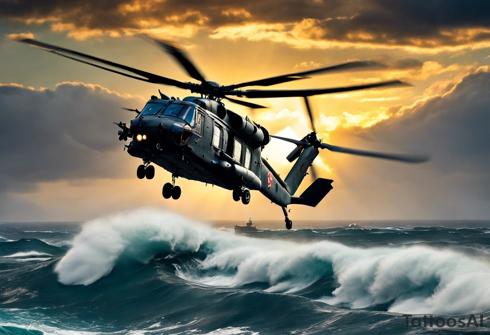 A cinematic-style tattoo depicting a Canadian military CH-148 Cyclone helicopter performing a daring maneuver over a turbulent ocean. The sky should be filled with dramatic clouds, and the sun should be setting, casting long shadows. The helicopter should be the main focus, with intricate details and a sense of motion. In the background, a poppy should be prominently displayed, and a quote from 'Lest We Forget' should be included, black and white tattoo idea