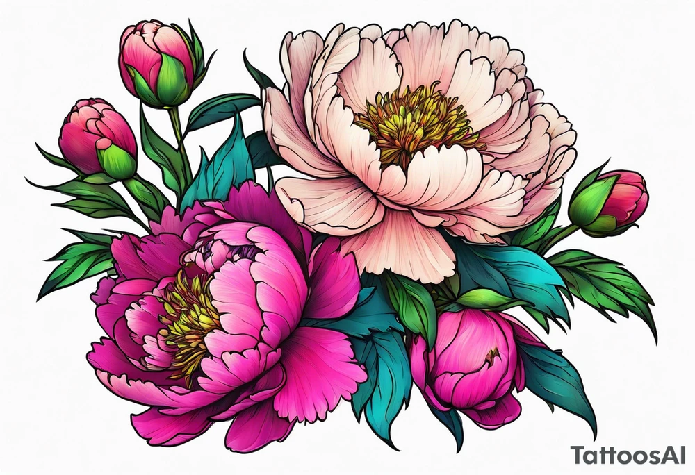 neon colorful peonies bouquet, neon colored tattoo idea