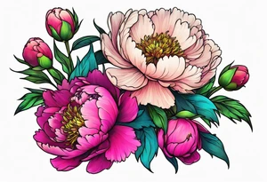 neon colorful peonies bouquet, neon colored tattoo idea