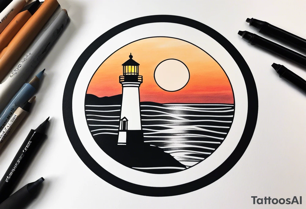 lighthouse a bit realist, sunset, circle framed tattoo idea