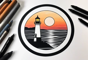lighthouse a bit realist, sunset, circle framed tattoo idea