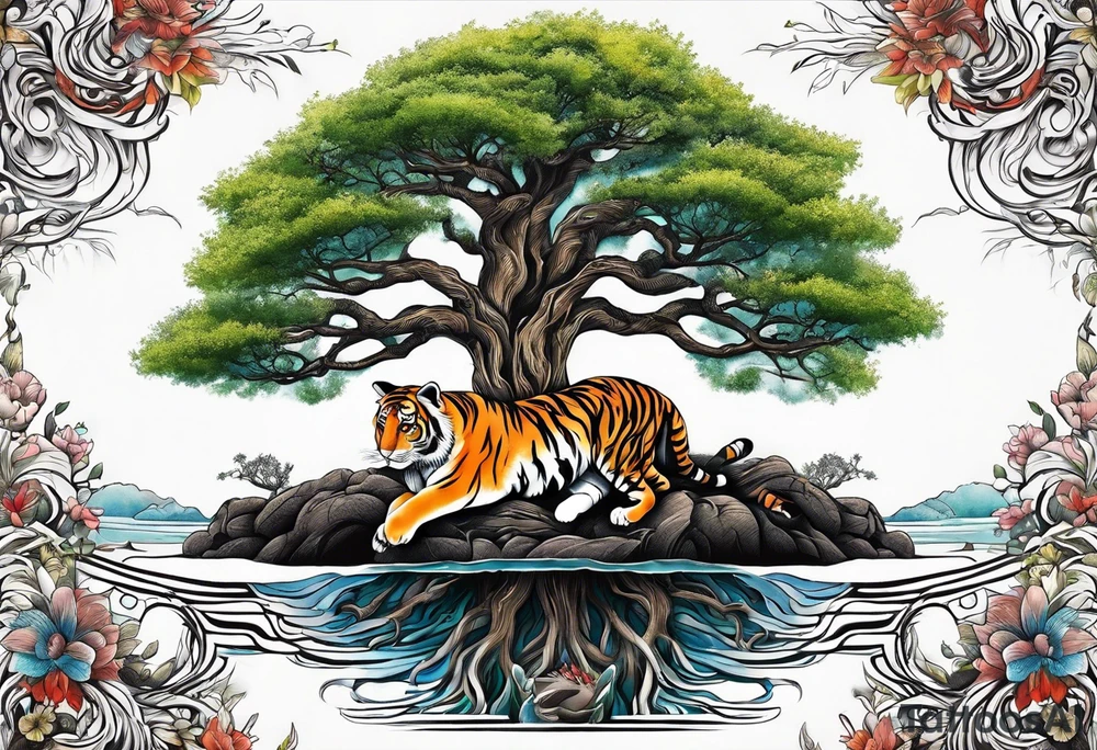 Tree of life with the roots going into a tigers stripes tattoo idea