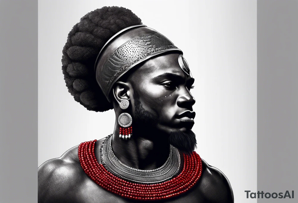 Black-skinned african warrior. He is a god of the war. Wears a simple red necklack tattoo idea