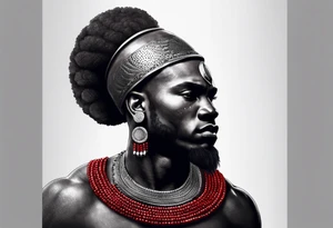 Black-skinned african warrior. He is a god of the war. Wears a simple red necklack tattoo idea