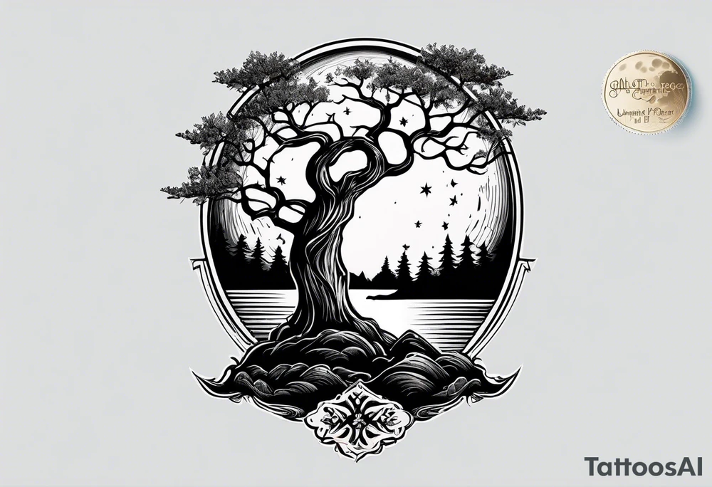 design moon tree campfire guitar playing tattoo idea