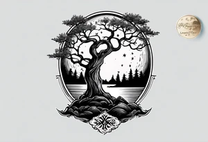 design moon tree campfire guitar playing tattoo idea