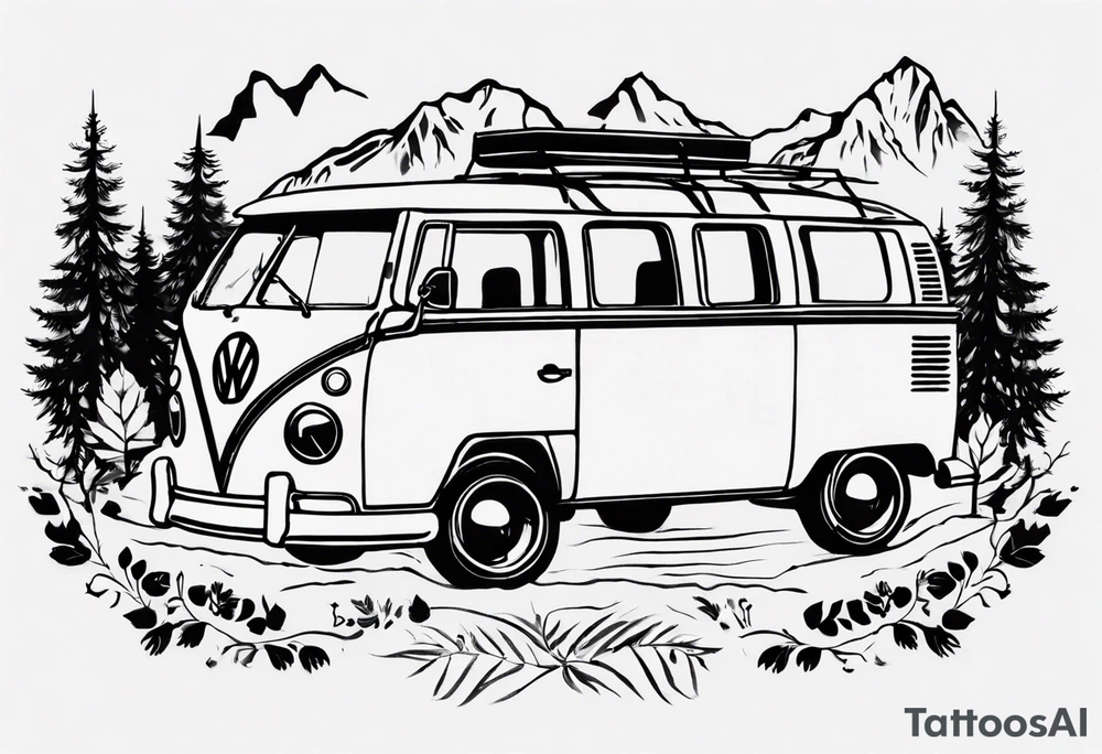 vw Typ 2 in einer landschaft aus bergen und Wälder tattoo idea